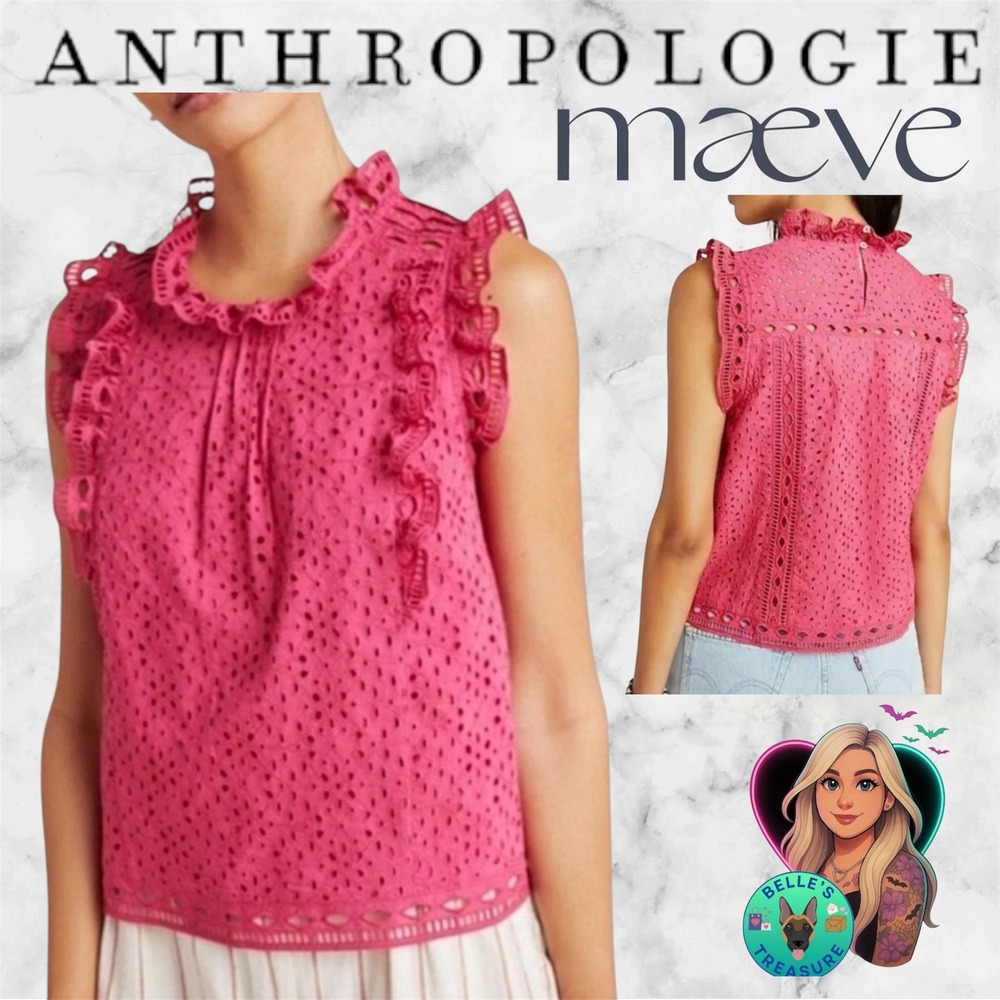 Anthropologie Maeve Womens 0 Tilly Blouse Pink Eyelet Lace Ruffle Sleeveless Top